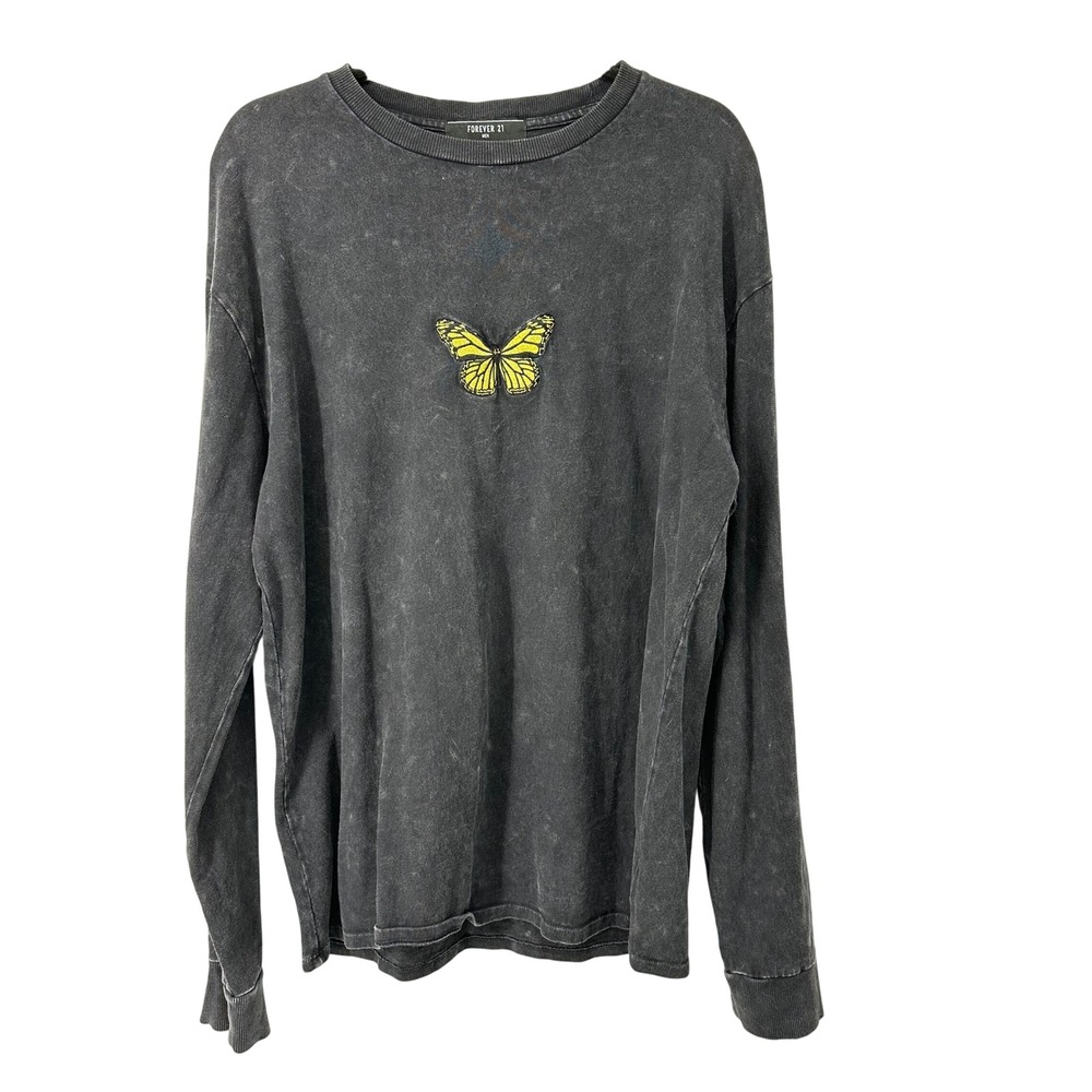Forever‎ 21 Men's Medium Long Sleeve Shirt Black Butterfly Graphic Mineral Wash